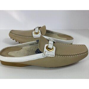 Womens Prego Leather Slip On Italian Mules Driving Shoe Tan White 7‎